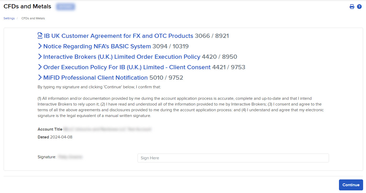 The CFD's and metals agreement page in broker portal. 